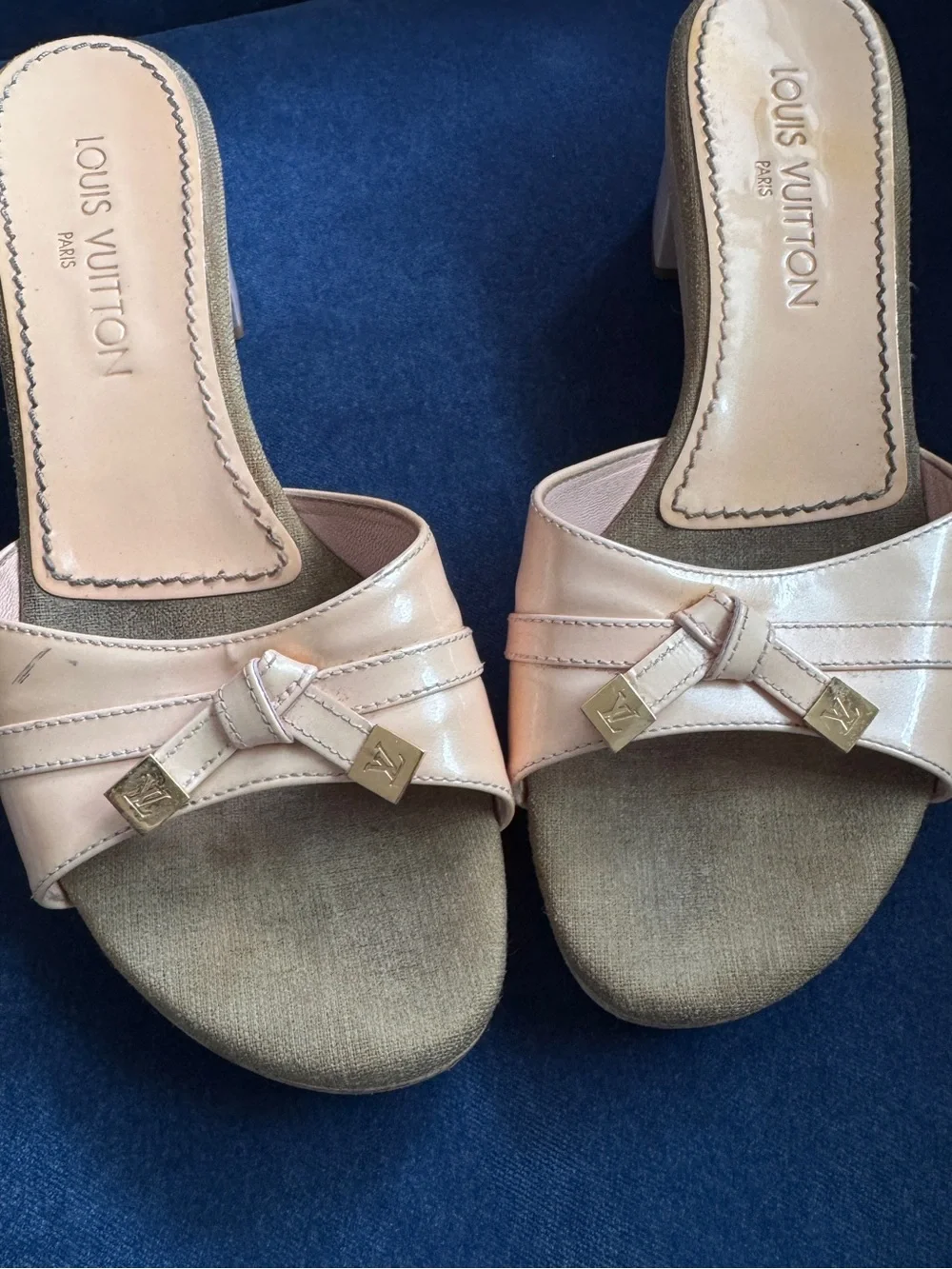 Louis Vuitton Signature Logo Wooden Tan pink Patent Leather Mule Sandals Size 38